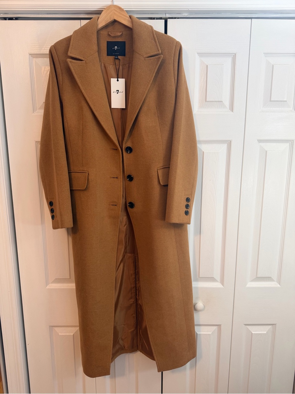 7 For All Mankind Camel Wool Long Single-Breasted Coat